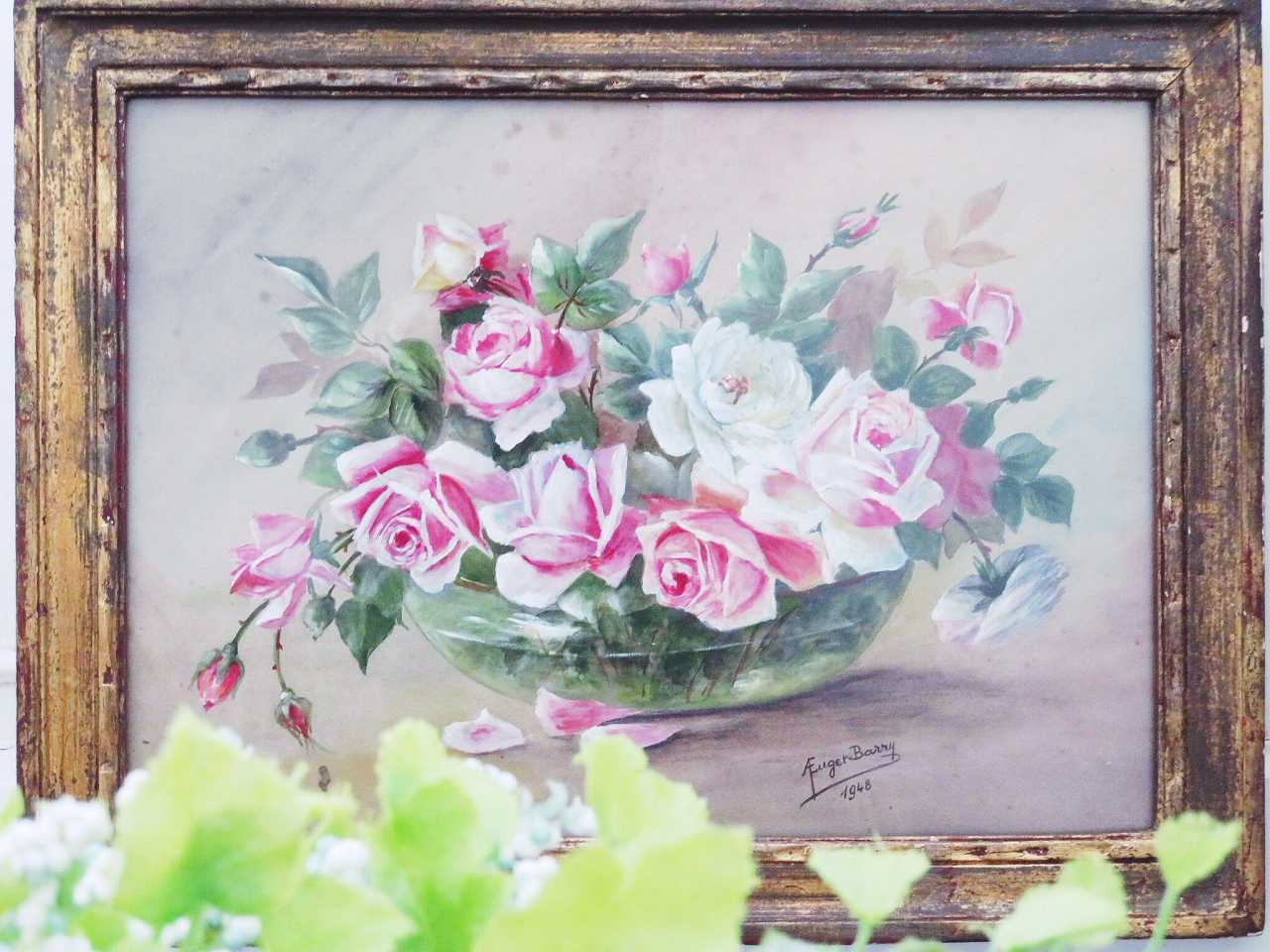 フランス水彩画 『薔薇のある風景』 - 薔薇と天使のアンティーク