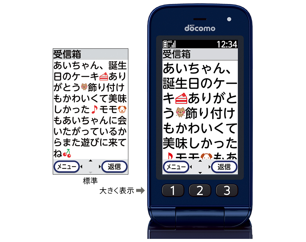 らくらくホン F-02J 製品特長（見やすい） - FMWORLD.NET（個人） : 富士通