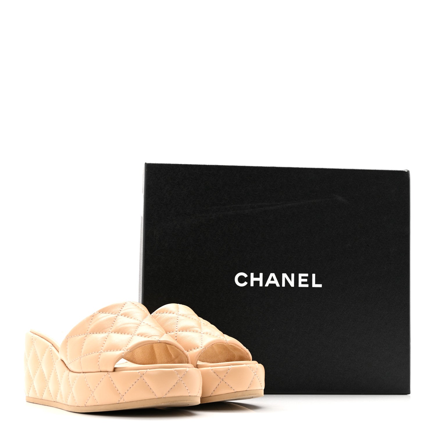 Chanel Lambskin Quilted Camelia CC Wedge Sandal Mules 37 Beige
