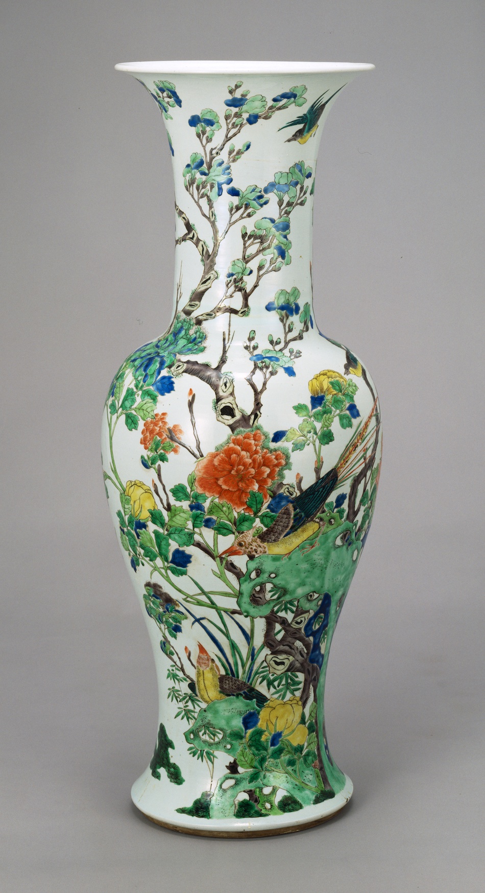 中国 中国 中国景徳鎮製 粉彩 漢詩孔雀牡丹文瓶 V R4333