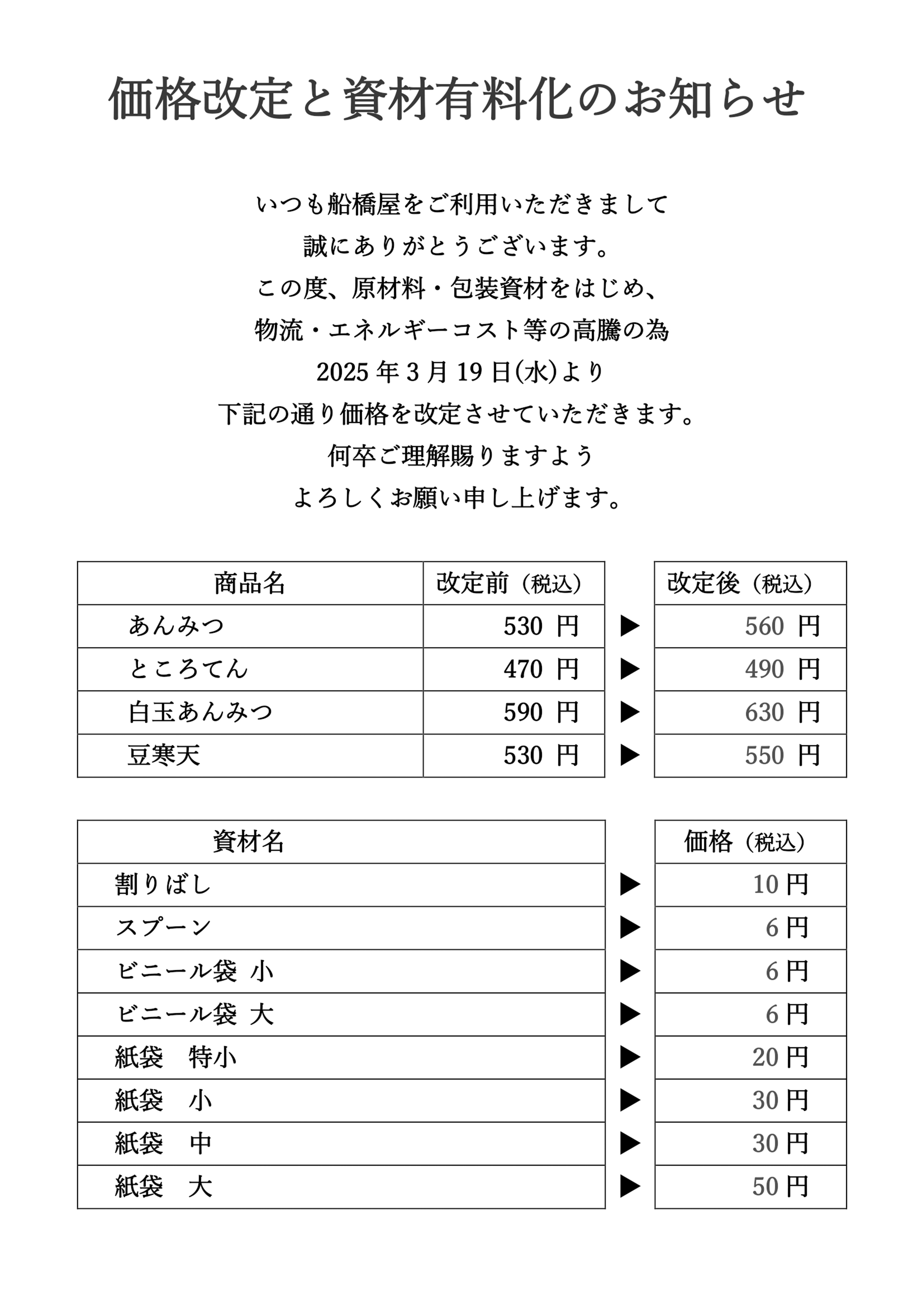 価格改定と資材有料化のお知らせ | お知らせ |元祖くず餅 船橋屋 創業
