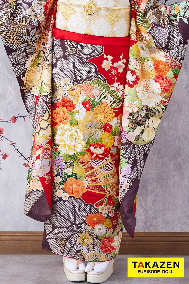 格安！正統派古典 赤/黒/ゴールド(金色) 牡丹柄/扇柄 大人っぽい 豪華