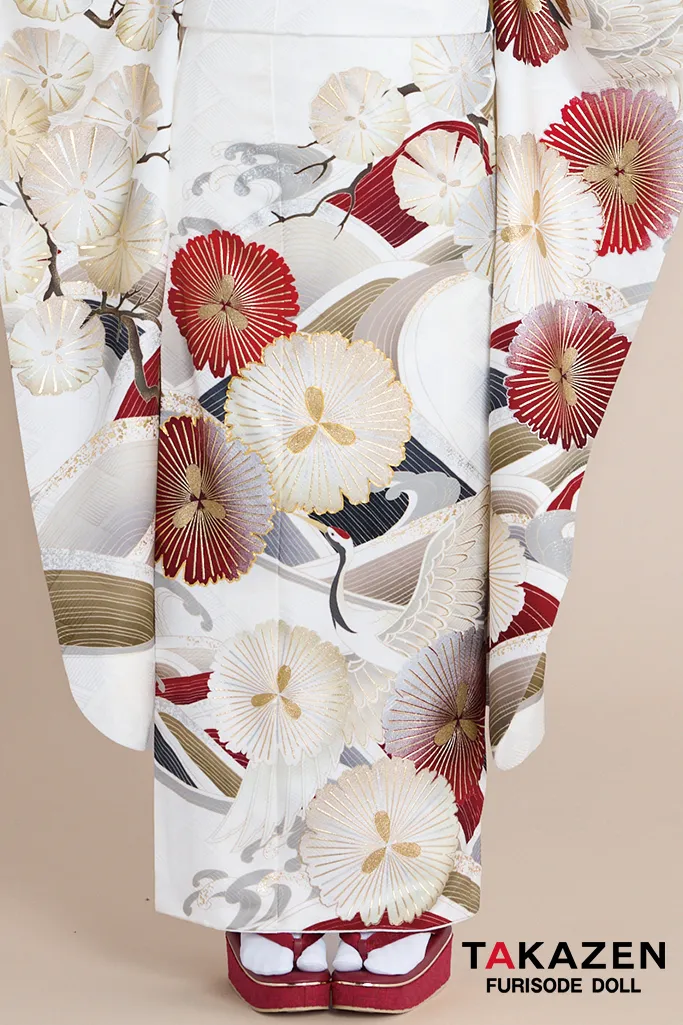 正統派古典 白地/赤 鶴柄/波模様 清楚 おめでたい きれい 大人っぽい