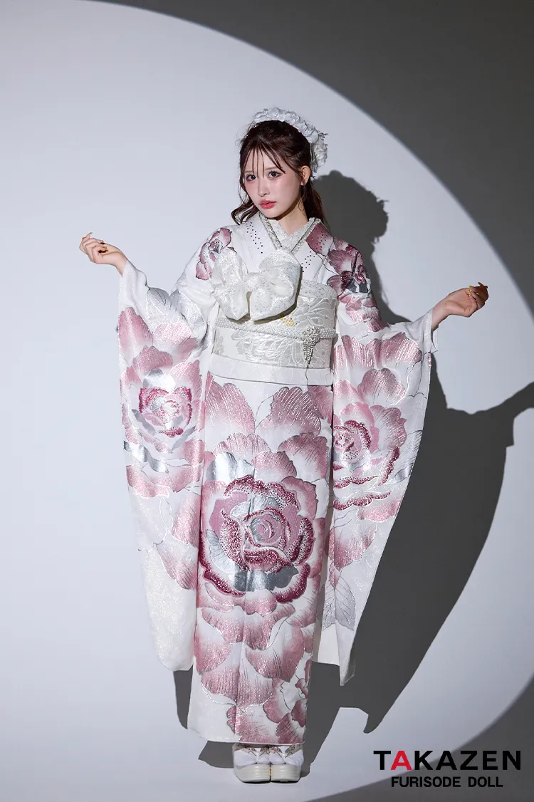 最新作モード 白ピンク 薔薇柄/大柄 一番派手 目立つ かわいい 姫