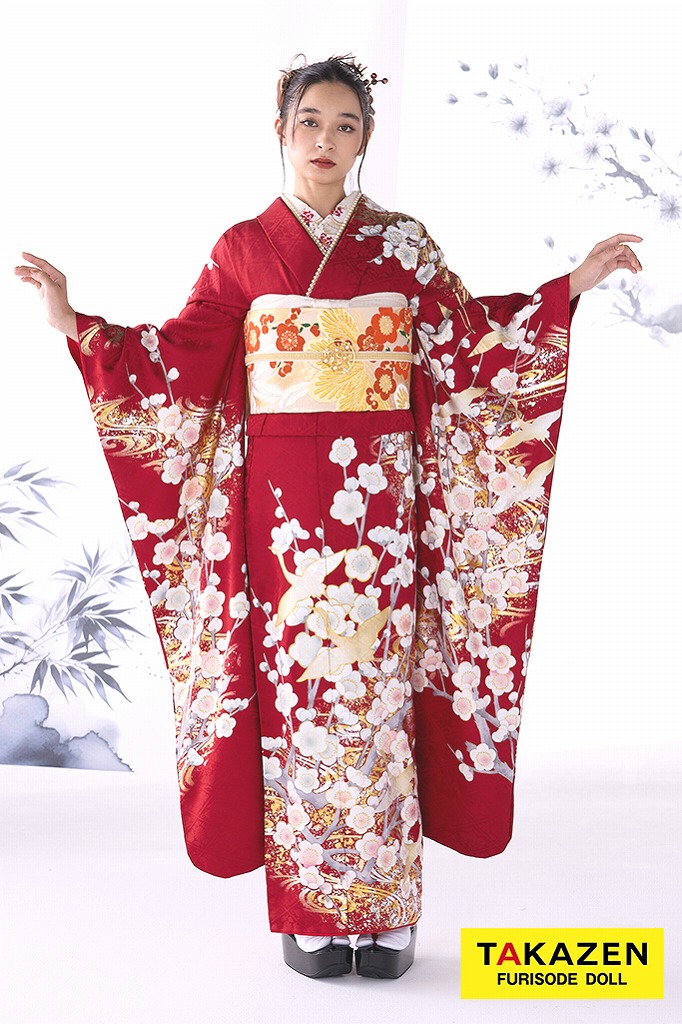 粋古典 赤/白 鶴柄/梅柄/流水模様 大人っぽい振袖 かっこいい 綺麗