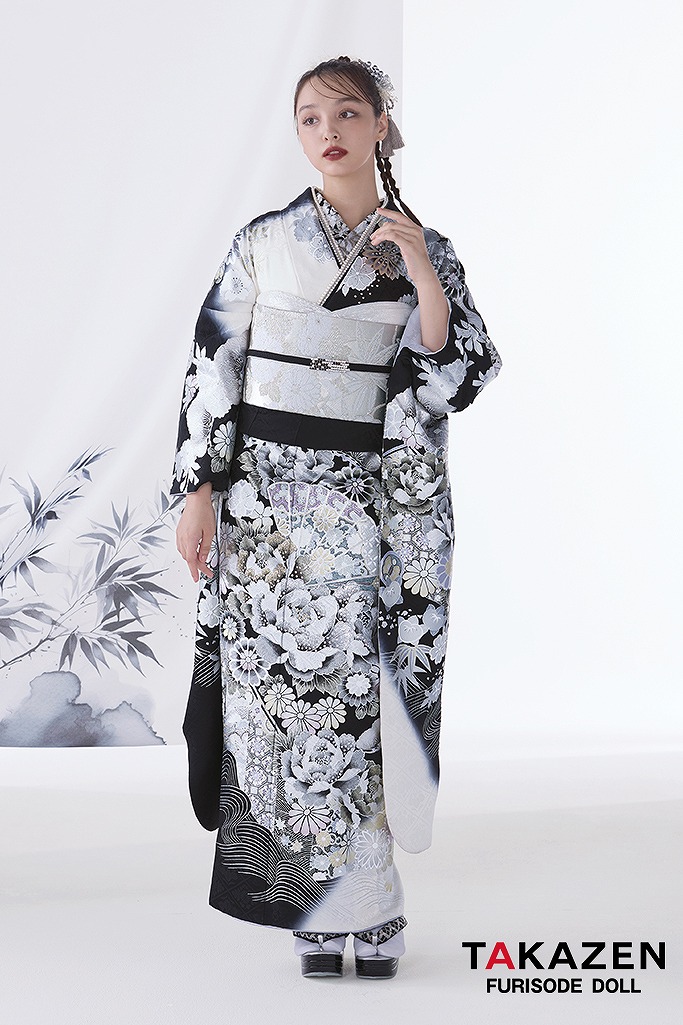 粋古典 シルバー/白黒 扇面柄/牡丹柄 最高級金彩刺繍友禅 かっこいい