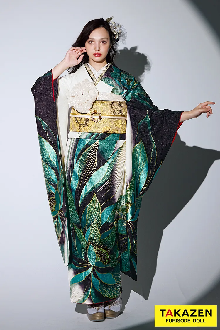 モード 緑/白/黒 牡丹柄/大柄 派手 ギャル系振袖 目立つ かっこいい