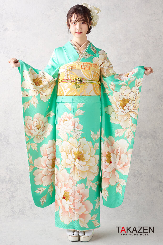 正統派古典 クリーム/グリーン(黄緑色)/淡い色/ミントグリーン 牡丹柄