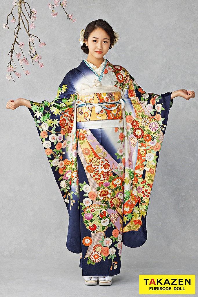 最高級古典柄振袖 吉澤織物/文楽/人間国宝吉田簑助 紺色/ネイビー/白