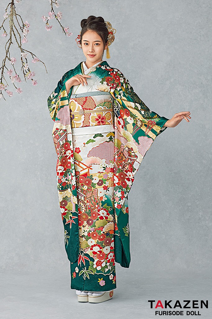 最高級古典柄振袖 吉澤織物/文楽/人間国宝吉田簑助 緑/白 御所車柄