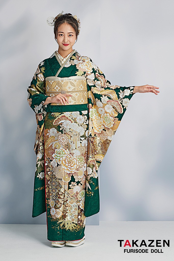 最高級古典柄振袖 関芳/最高級金彩刺繍友禅 緑/金 御所車柄/牡丹柄