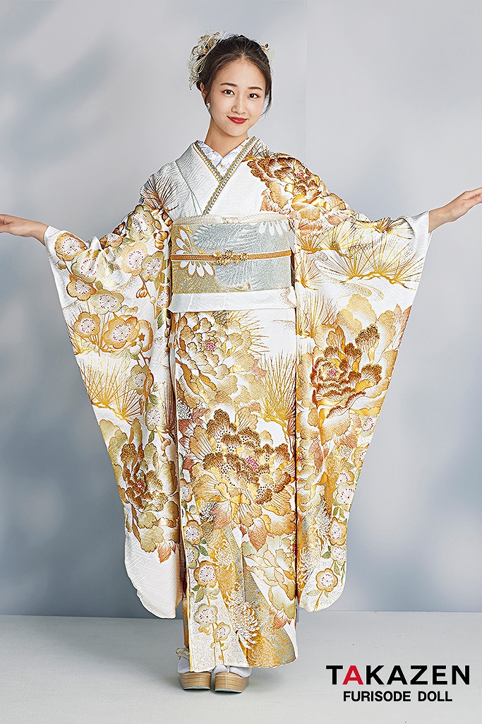 最高級古典柄振袖 関芳/最高級金駒金彩刺繍友禅 白/金/ゴールド 牡丹柄