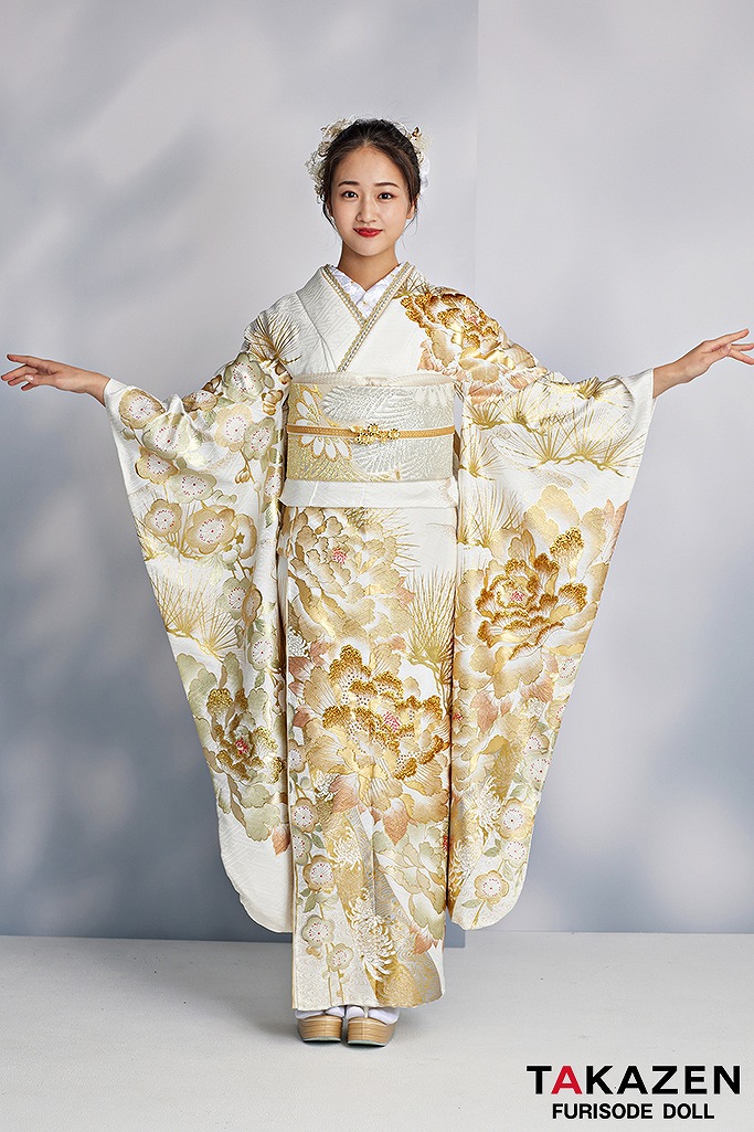 最高級古典柄振袖 関芳/最高級金駒金彩刺繍友禅 白/金/ゴールド 牡丹柄