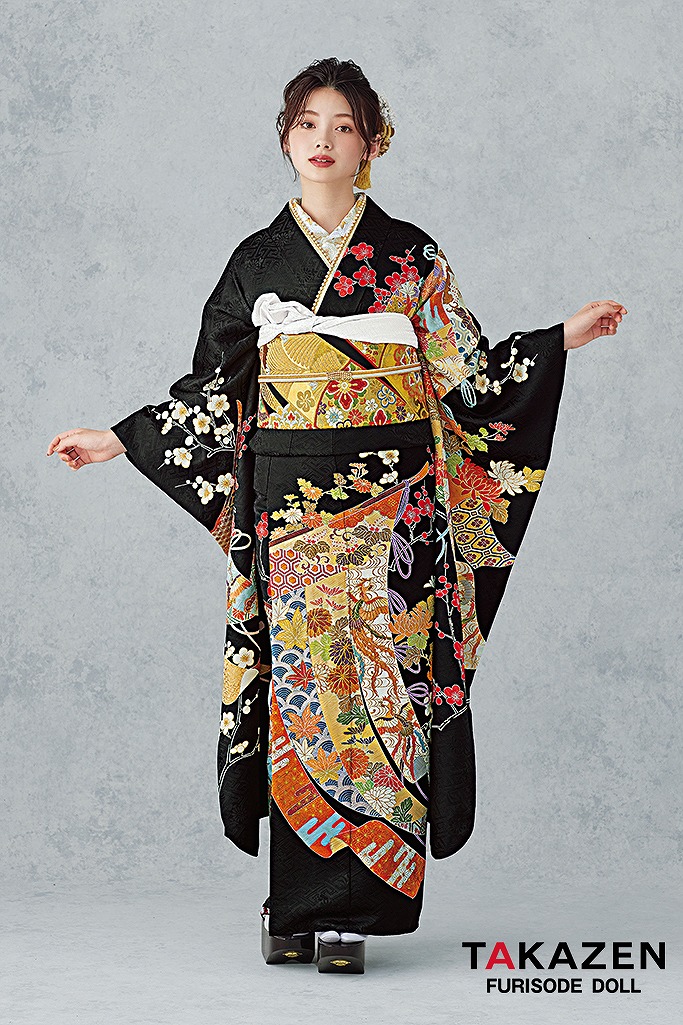 最高級古典柄振袖 千總/最高級金彩刺繍手描京友禅 黒/金 几帳柄/鳳凰柄