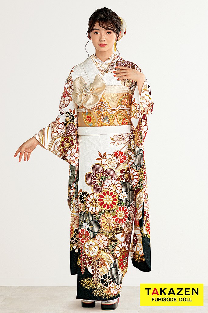 正統派古典 白/黒/赤 菊柄 かわいい 清楚 伝統的振袖 金彩刺繍京友禅