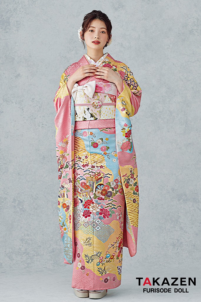 最高級古典柄振袖 千總/最高級金彩刺繍手描京友禅 ピンク/水色 御所車