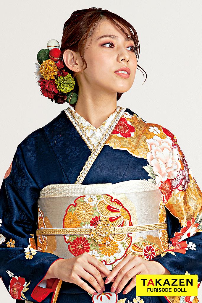 正統派古典 紺/ゴールド(金色) 牡丹柄 はんなり 上品 ネイビー振袖