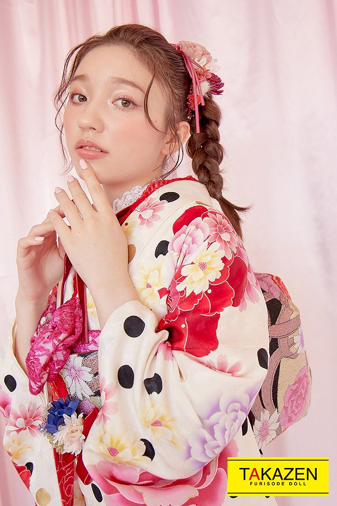 かわいい量産型 白/ピンク/赤 ドット柄/リボン柄 振袖ネットレンタル