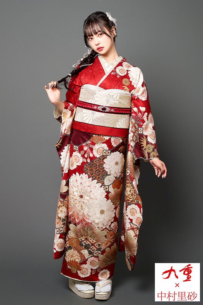 九重×中村里砂振袖ネットレンタル 赤 菊柄/松柄 王道 レトロ古典振袖