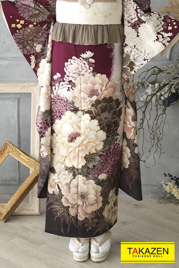 ヴィンテージスタイル ワインレッド/紫 牡丹柄 上品振袖ネットレンタル