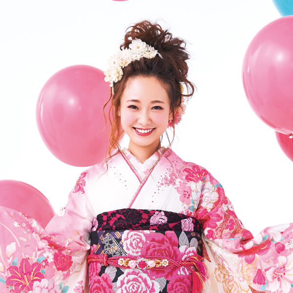 可愛い系バラ柄袋帯ネットレンタル 白/ピンク/黒(2種類)｜成⼈式の振袖