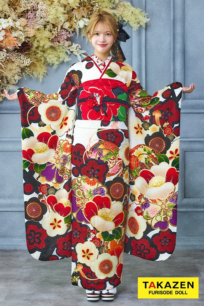 格安レトロ古典 白地/赤 椿柄 ポップ かわいい お洒落 目立つ 人気