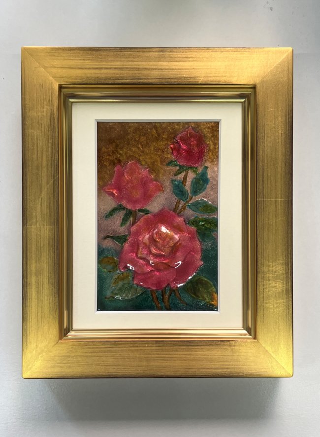 七宝工房くじゃく ECショップ / 七宝焼額絵 三輪薔薇（電鋳銅板）