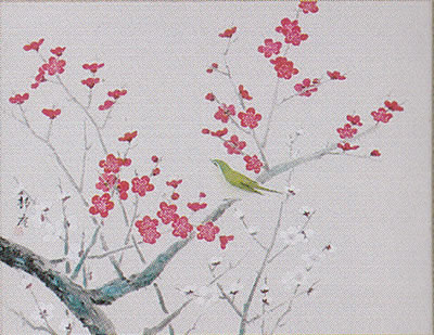 掛け軸 紅白梅に鶯 塚下静庵 尺八横 【通販】