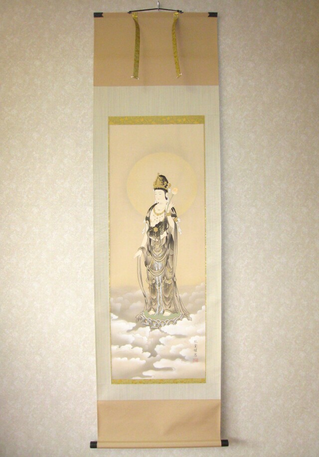 滝見観音 後藤越山筆 絹本肉筆 仏画 掛軸 送料込み250902 滝見観音