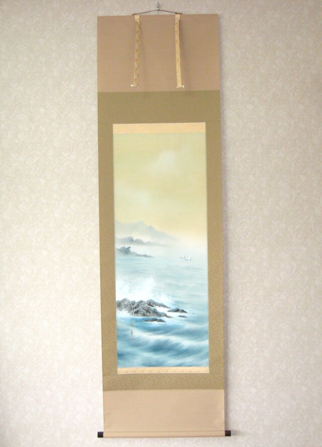 特価軸】掛け軸 彩色山水(夏の海の風景)◇田中祥堂 (真筆・新品) 共箱