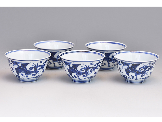 初代 篩月庵 三浦竹泉(作) 倣古青華鳳凰鶴図煎茶碗5客 共箱 | 古美術ささき