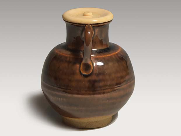 膳所焼 耳付茶入 陽炎園 岩崎新定（作）象牙蓋 仕覆 共箱 | 古美術ささき