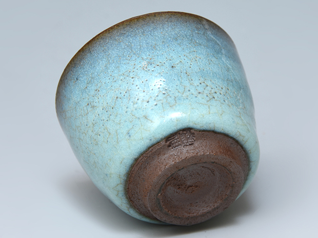 青い八角形陶器容器 木箱付き 木村盛伸 釣青釉面取 器 青い八角形陶器