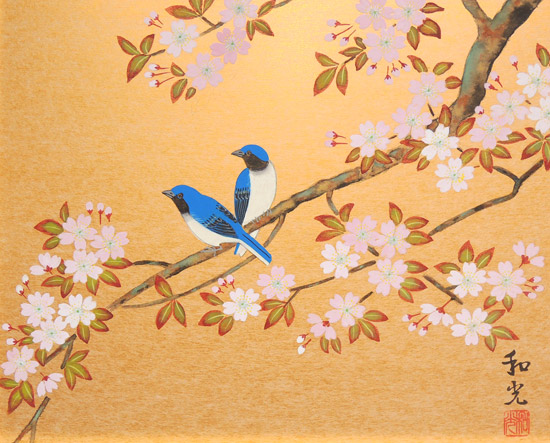 絵画 桜に瑠璃鳥 (三宅和光) 送料無料 【肉筆】【桜絵】【日本画】【花