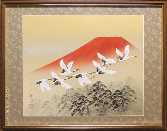 絵画 日本画 赤富士群鶴 (山岸春園) 送料無料 【肉筆】【日本画