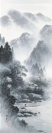 水墨山水 後藤桂月 尺五【肉筆】！ 山水画 - 掛け軸（掛軸）販売通販