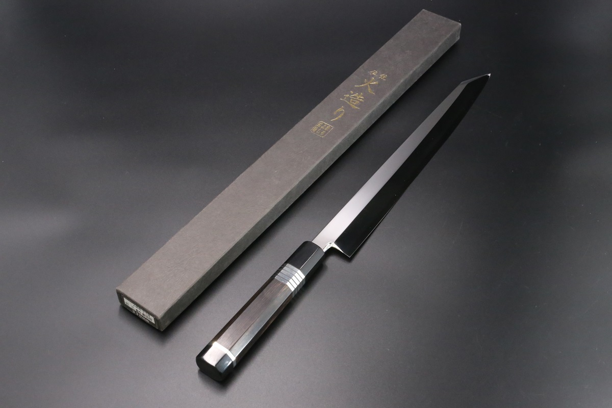 切付柳刃 銀三 330mm 鍛造 表鏡面仕上げ 黒檀柄 鞘付き-歌舞伎ナイフ