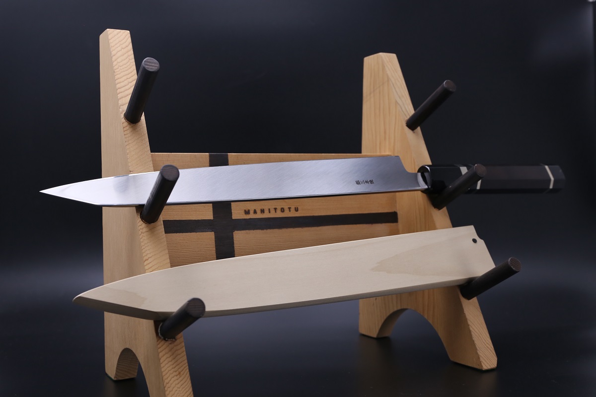 切付柳刃 銀三本焼 300mm 平鏡面 黒檀柄 鞘付き【左利き用】-歌舞伎ナイフ