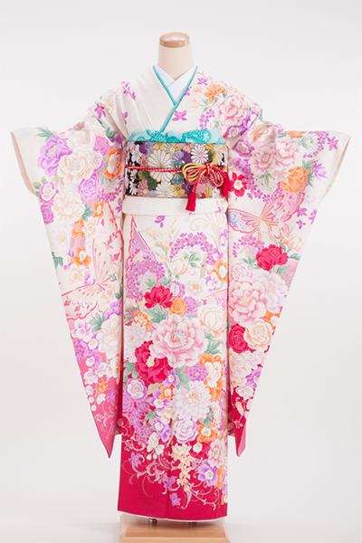 成人式 振袖 レンタル 140115-S モリハナエ森英恵 白 ピンク 蝶蝶