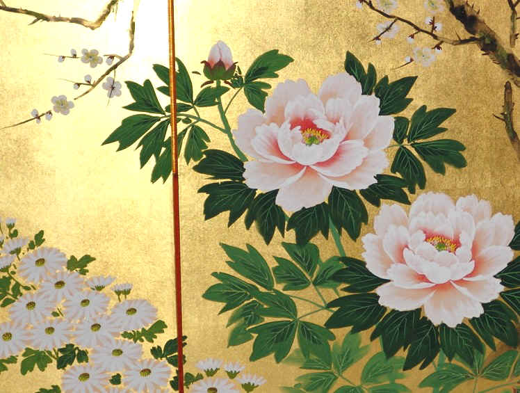 日本画 屏風 金色の背景 花 金屏風 日本画金屏風の製造/通信販売(通販