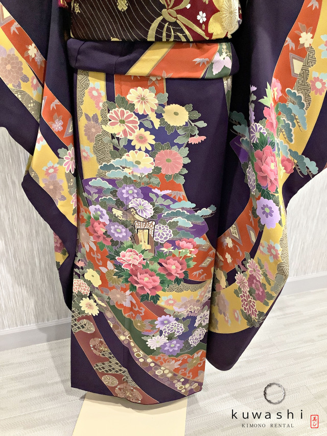 正絹振袖レンタル】 80013 深紫熨斗目彩花正絹振袖袋帯セット