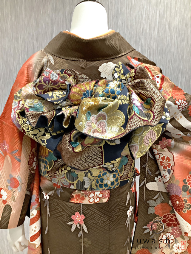 正絹振袖レンタル】 80022 テラコッタオレンジ芍薬蝶正絹振袖袋帯