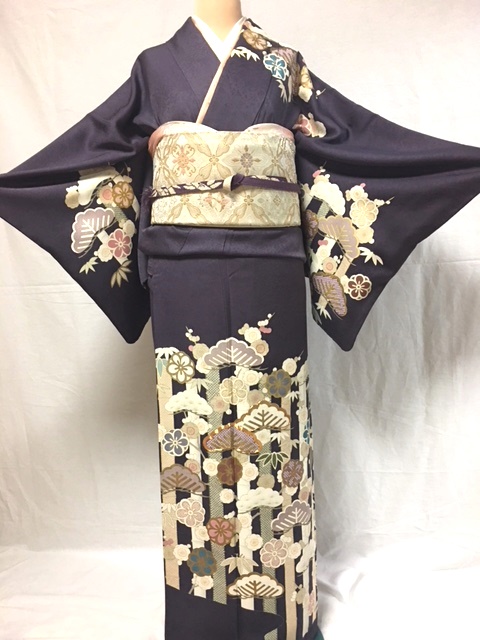 訪問着レンタル 最高級 松竹梅 紫地 手描き友禅