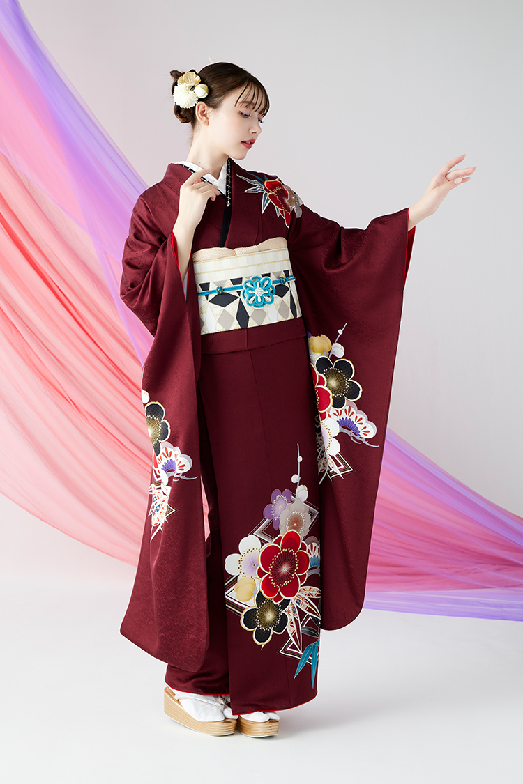 No.1143 【新品振袖/京友禅】【赤紫】品で洗練されたえんじ色と梅の花