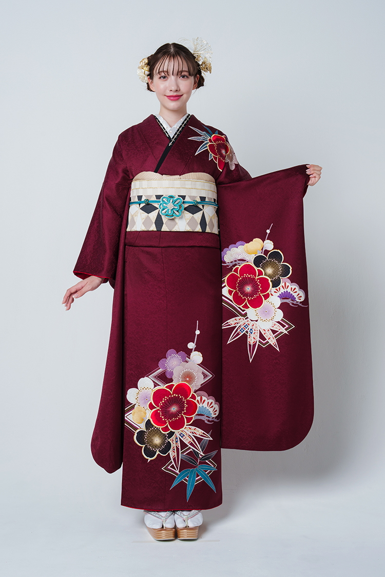 No.1143 【新品振袖/京友禅】【赤紫】品で洗練されたえんじ色と梅の花