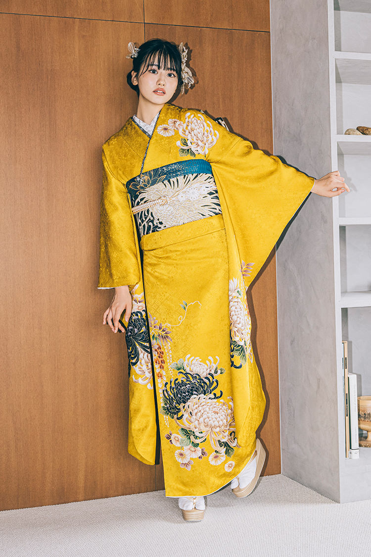 No.1178 【新品振袖/京友禅】【黄色】大人っぽい黄色と菊のスッキリと