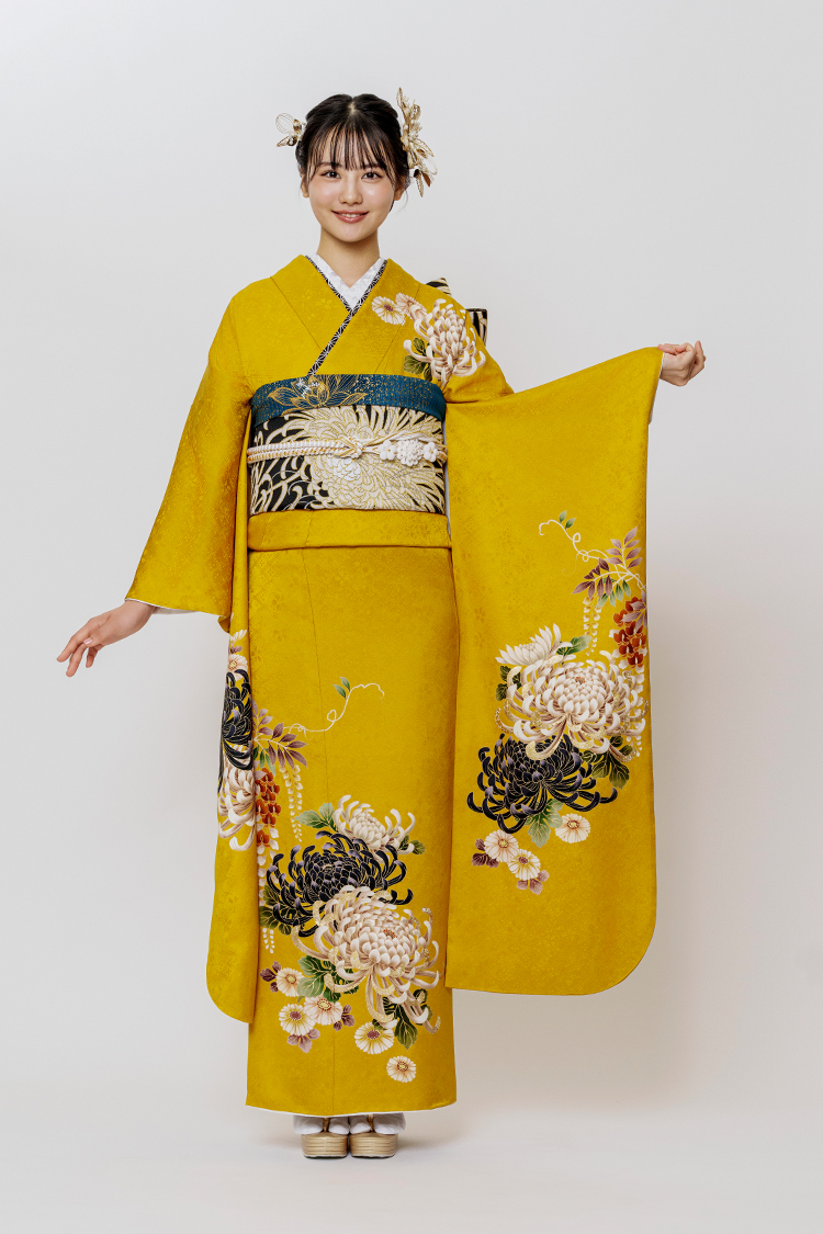 No.1178 【新品振袖/京友禅】【黄色】大人っぽい黄色と菊のスッキリと
