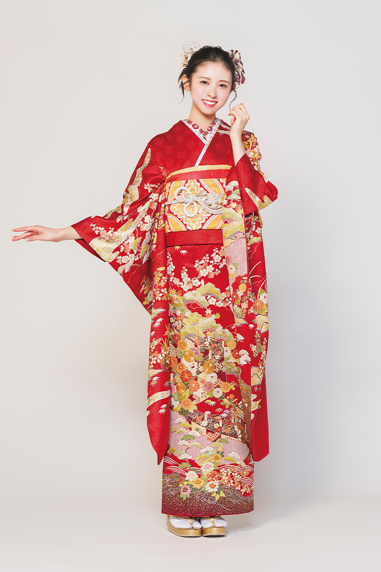 No.327 【新品振袖/京友禅】【赤】淑やかな赤色に花柄に御所車が描かれ