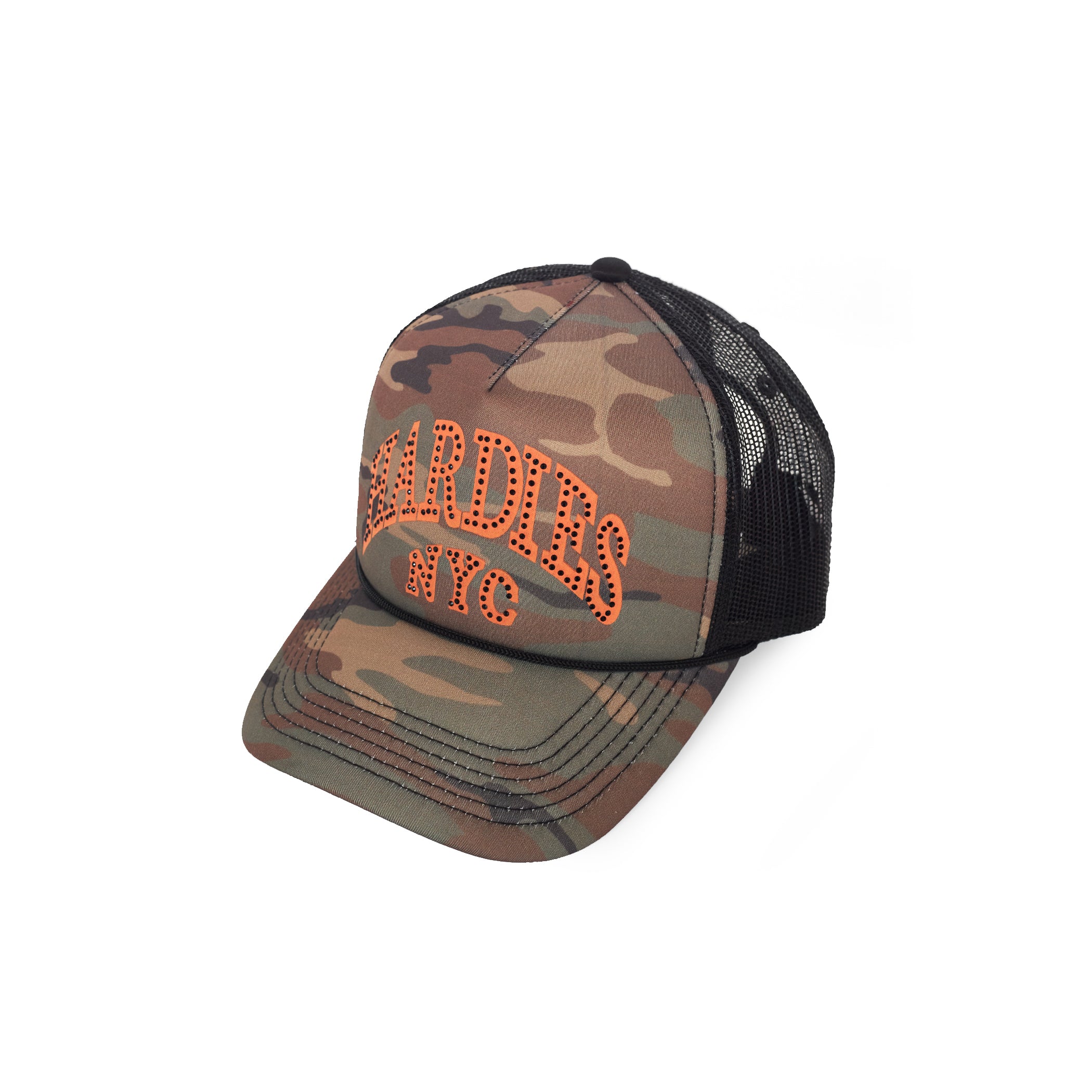 HARDIES NYC Rhinestone Pre Curve Trucker Hat - Classic Camo – Hardies