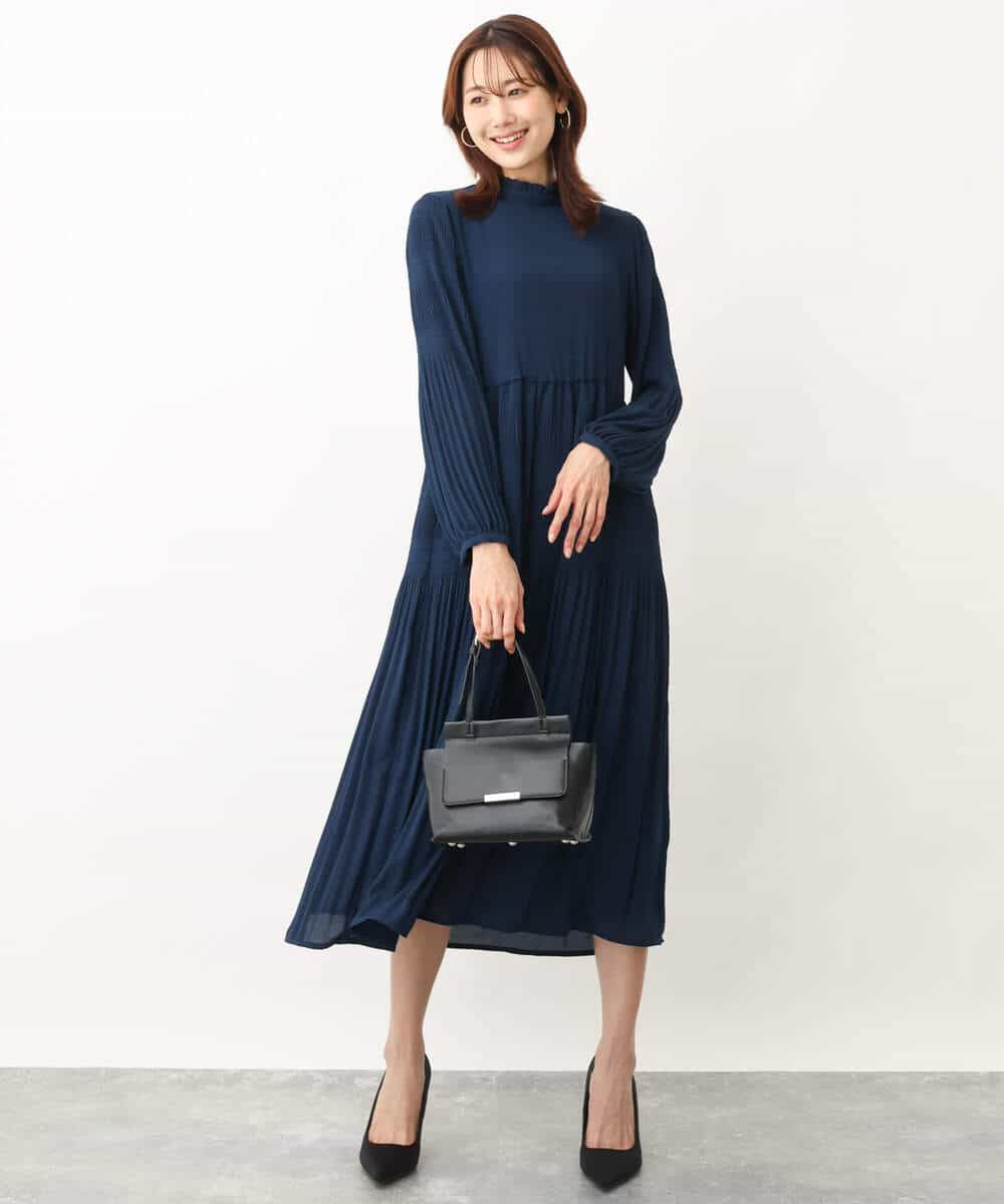 シフォンジョーゼットフリルネックプリーツワンピース/洗える